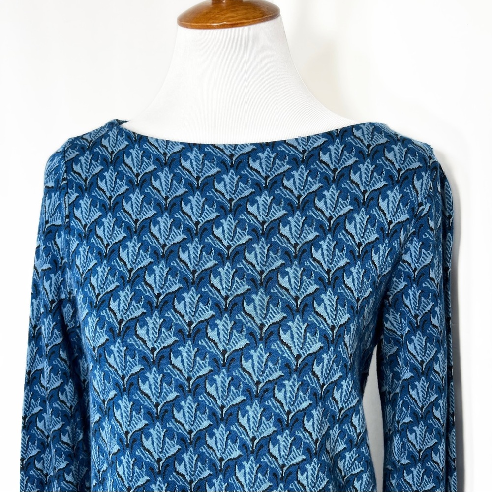 J. Jill Blue Floral Printed Boat Neck Long Sleeve Ponte Knit Pullover Top Small - Picture 2 of 7